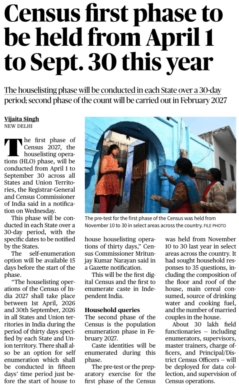 Census 2027 First Phase To Begin From April 2026 » UnderStand UPSC