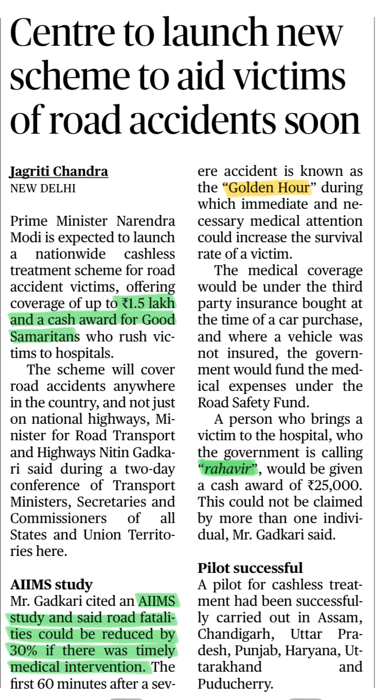 Cashless treatment for road accident victims