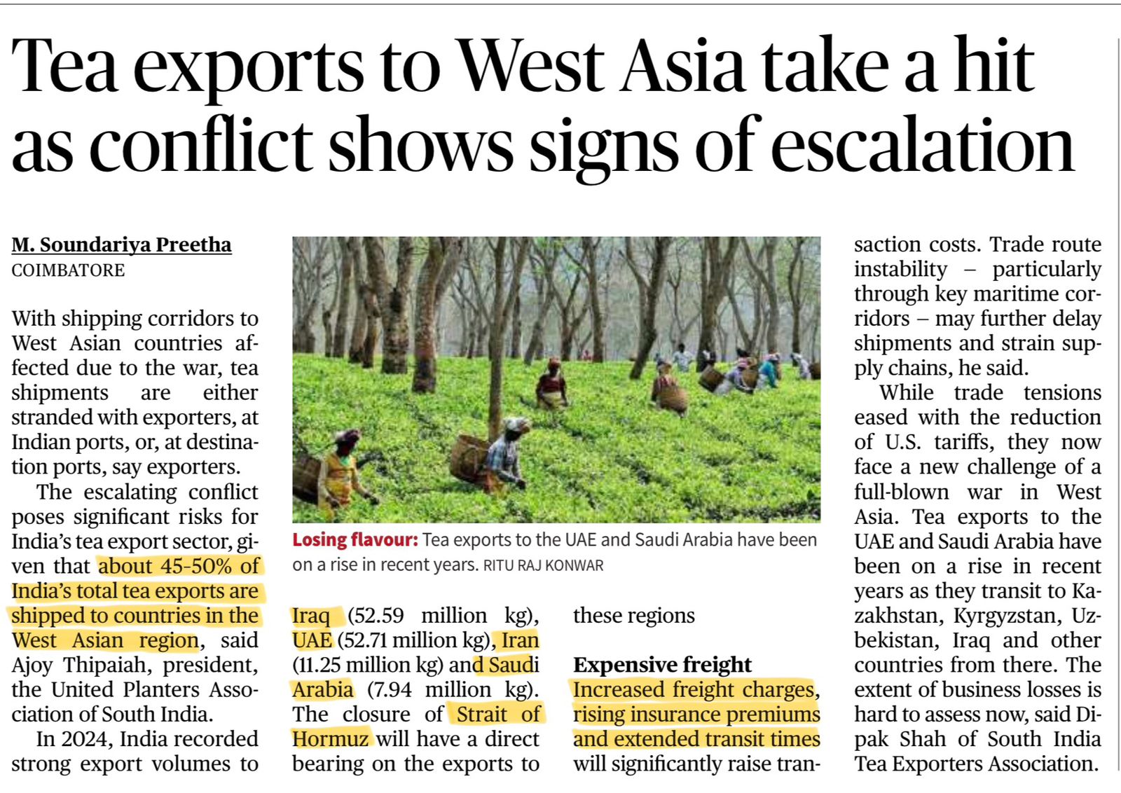 India Tea Exports to West Asia