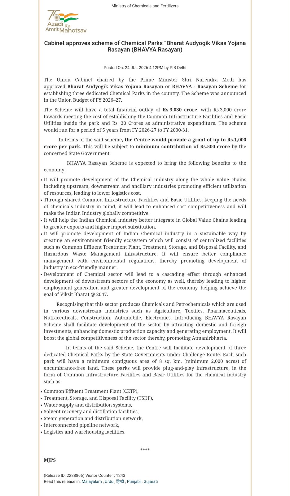 BHAVYA Scheme for Chemical Parks